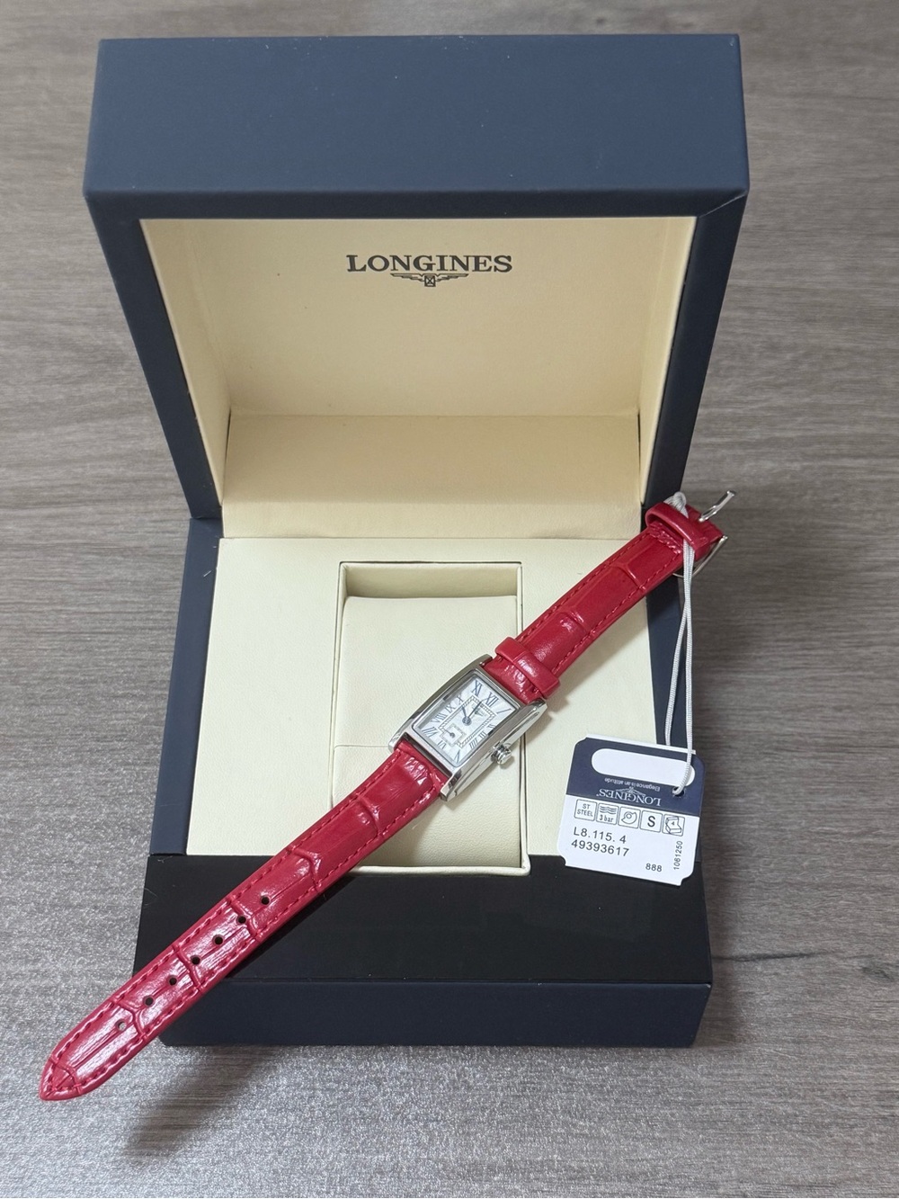 Longines Rectangular Silver Case Watch with Red Strap - Picture 2 of 4
